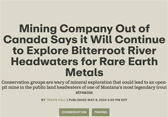 Mining Company Out of Canada Says it Will Continue to Explore Bitterroot River Headwaters for Rare Earth Metals