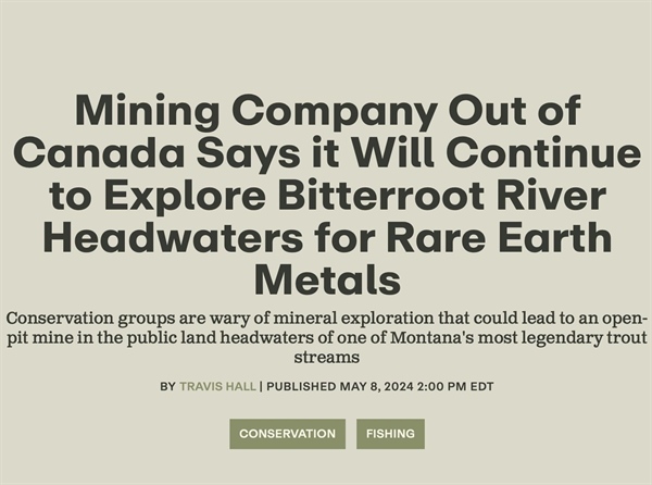 Mining Company Out of Canada Says it Will Continue to Explore Bitterroot River Headwaters for Rare Earth Metals