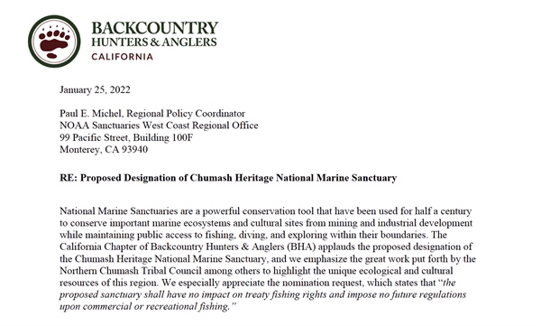 CA Chapter Comments on Proposed Chumash National Marine Sanctuary Designation