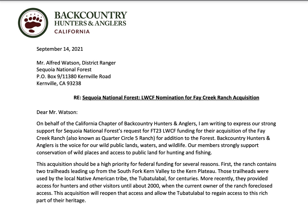 CA BHA Advocates for Sequoia NF Land Acquisition