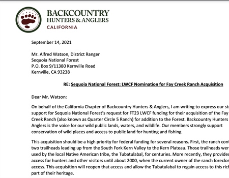 CA BHA Advocates for Sequoia NF Land Acquisition