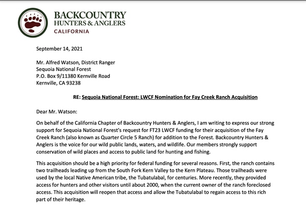 CA BHA Advocates for Sequoia NF Land Acquisition