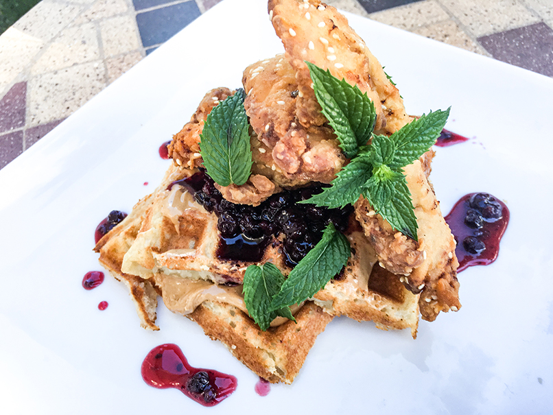 Fried turkey with waffles and wild berry syrup
