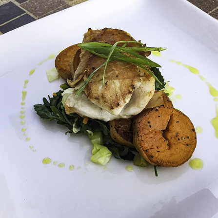 Bass Fillet with Sweet Potatoes and Sautéed Lamb's Quarter