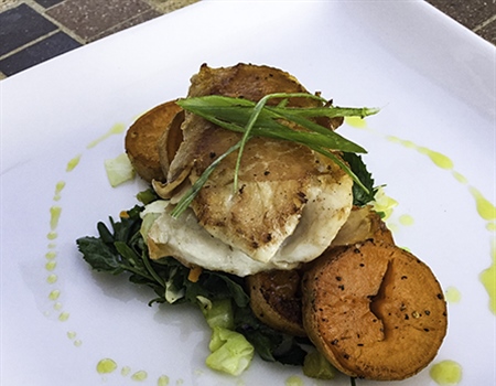 Bass Fillet with Sweet Potatoes and Sautéed Lamb's Quarter
